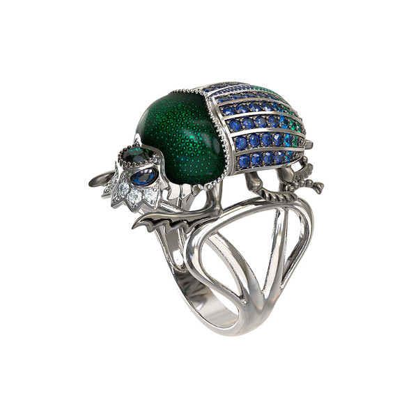 Кольцо из белого золота c эмалью, фианитом и сапфиром