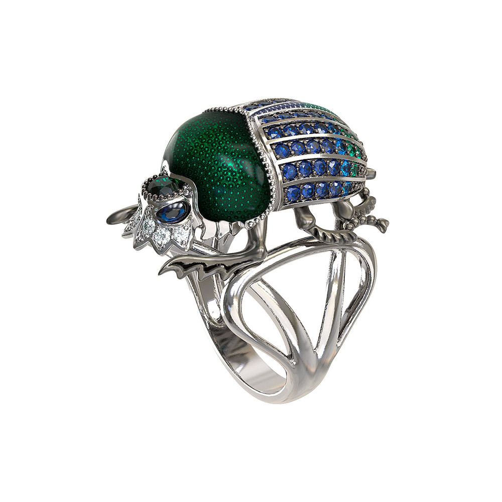 Кольцо из белого золота c эмаль , фианитом и сапфиром