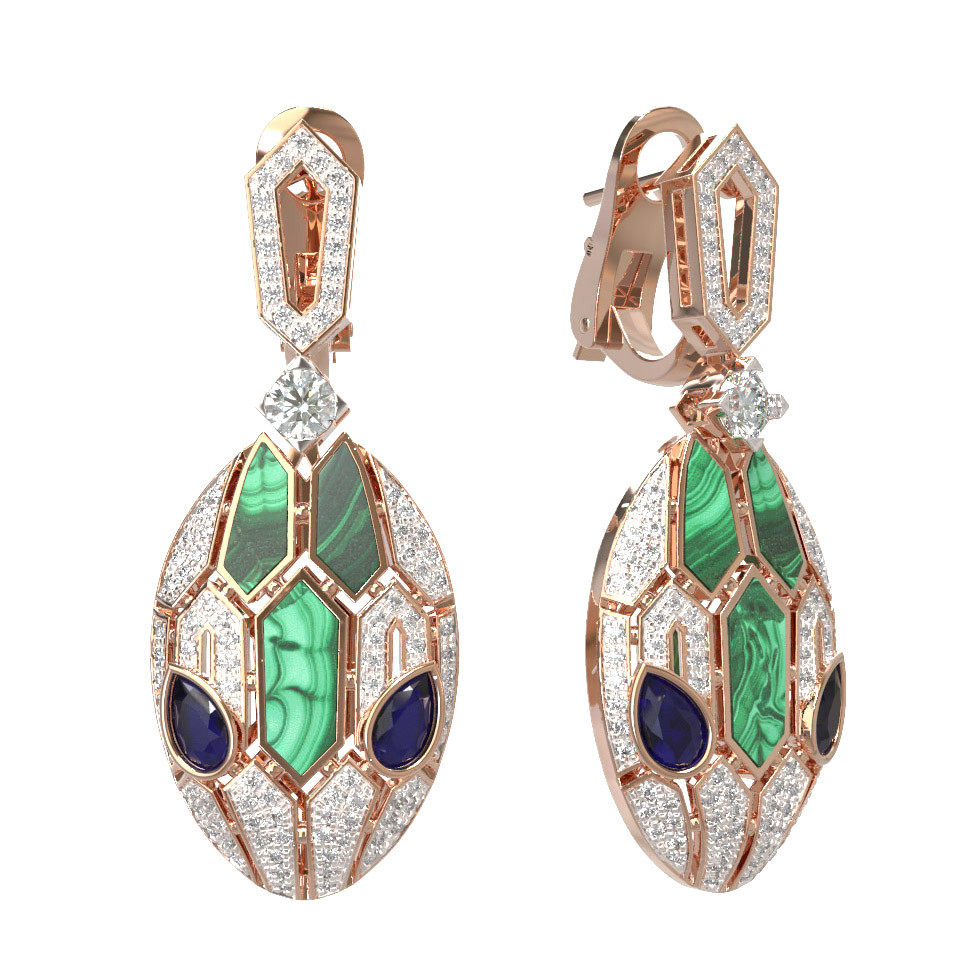 Серьги из золота c бриллиантами, сапфиром и малахитом