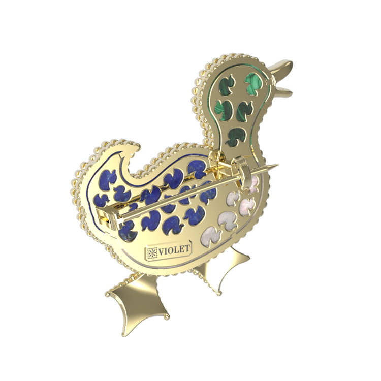 Брошь из лимонного золота c эмалью, лазуритом, малахитом и перламутром