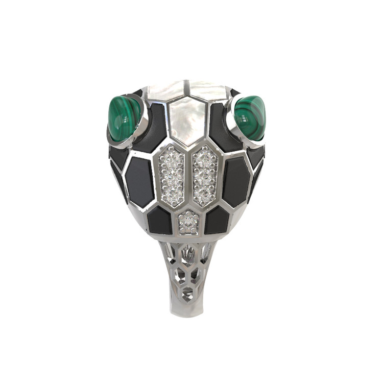 Кольцо из белого золота c бриллиантами, рубином, ониксом, малахитом и перламутром