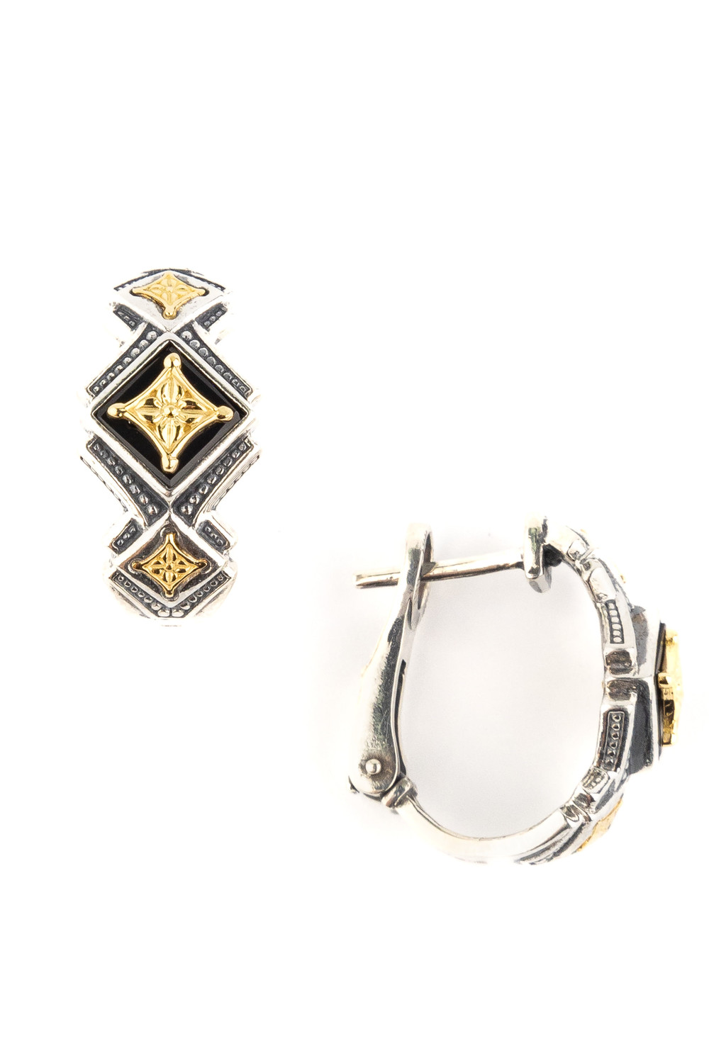 Серьги из серебра и золота c ониксом и рубином