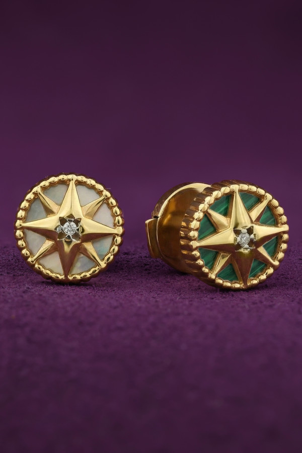 Серьги из лимонного золота c бриллиантами, малахитом и перламутром