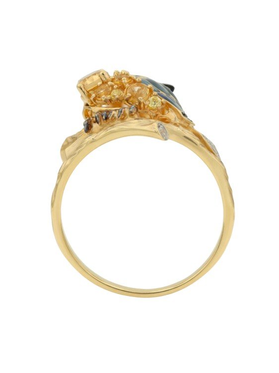 Кольцо из лимонного золота c эмаль , фианитом, цитрином и сапфиром
