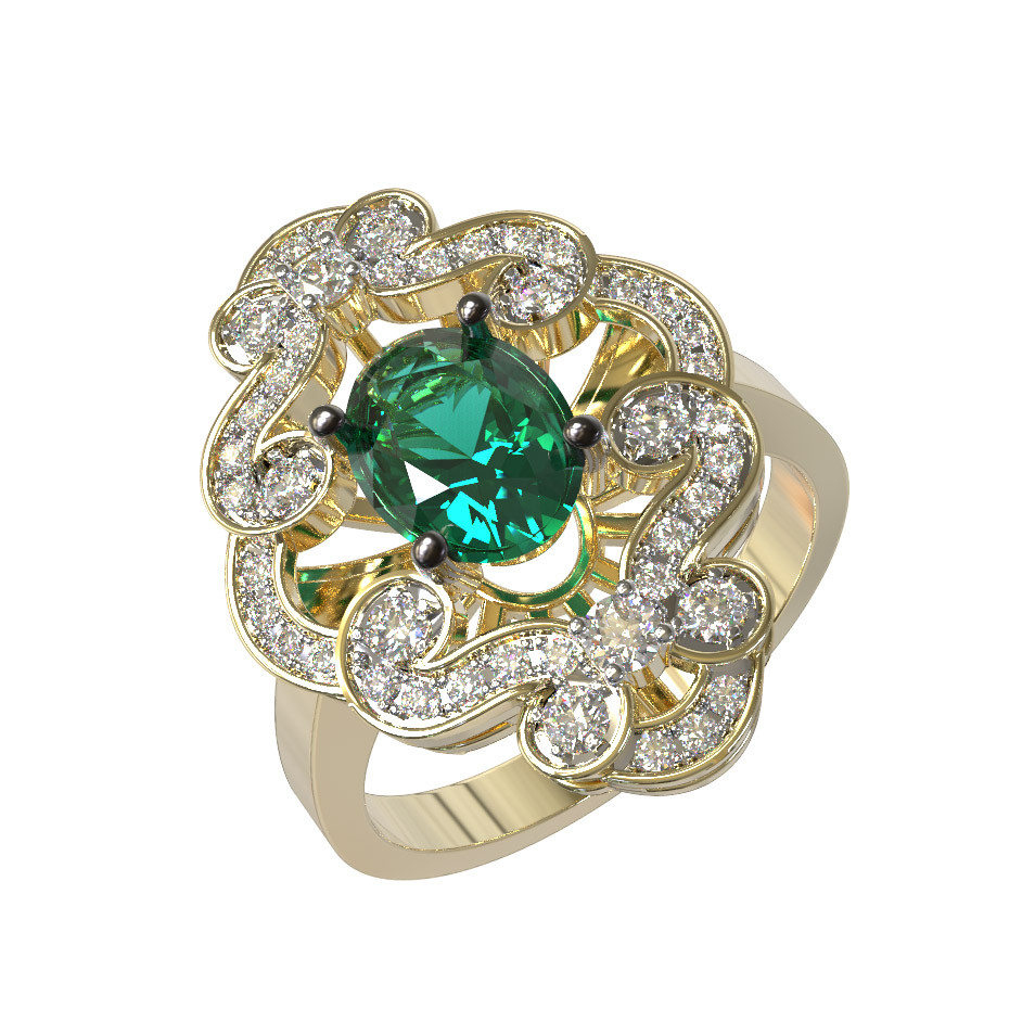 Кольцо из лимонного золота c бриллиантами и изумрудом
