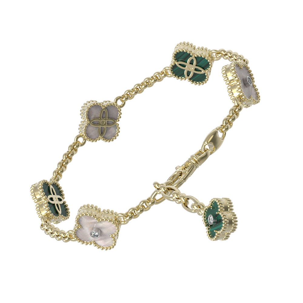 Браслет из лимонного золота c бриллиантами, малахитом и перламутром