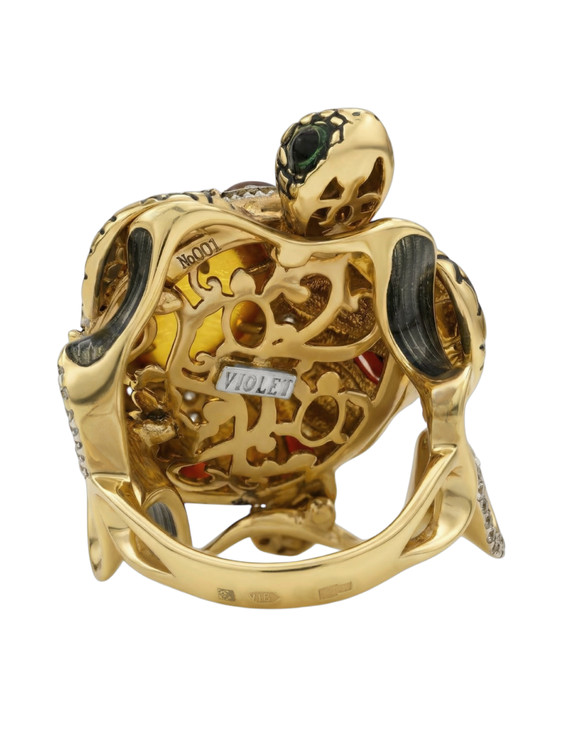 Кольцо из лимонного золота c эмалью, фианитом, гранатом и янтарём