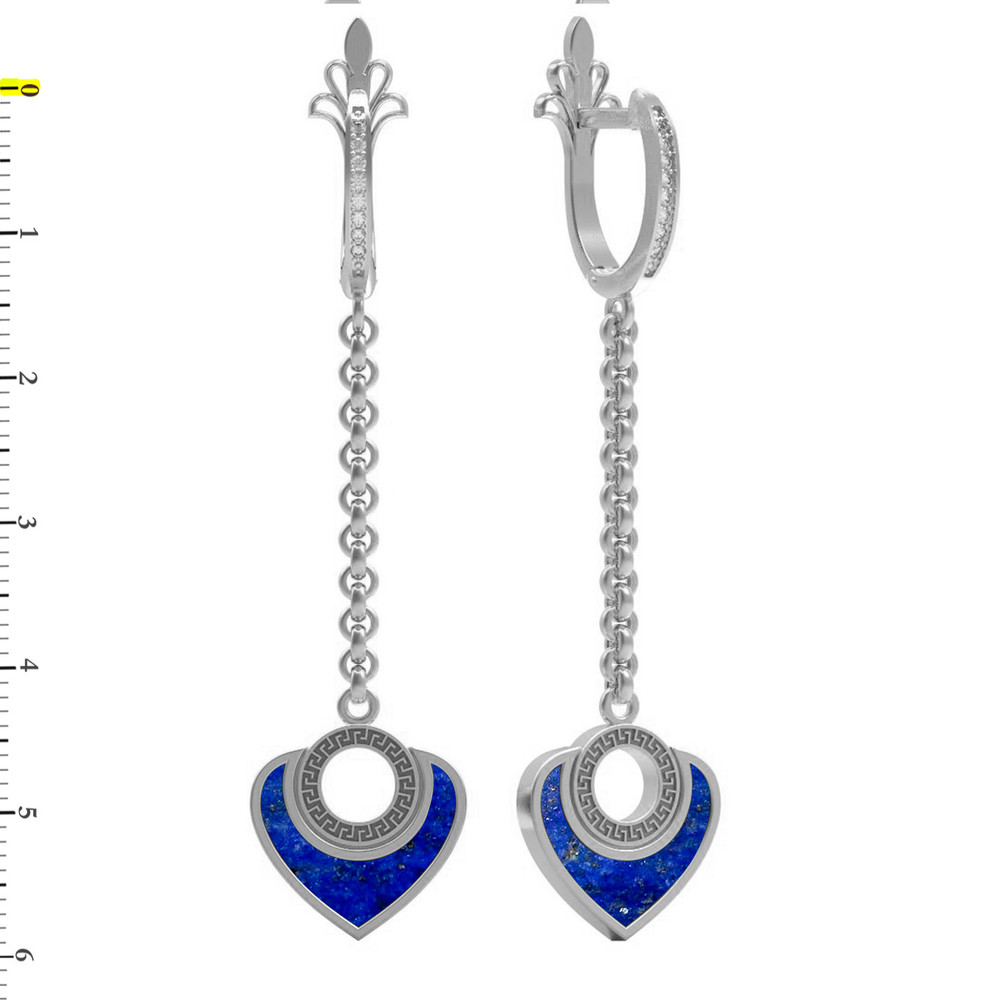 Серьги из белого золота c фианитом и лазуритом