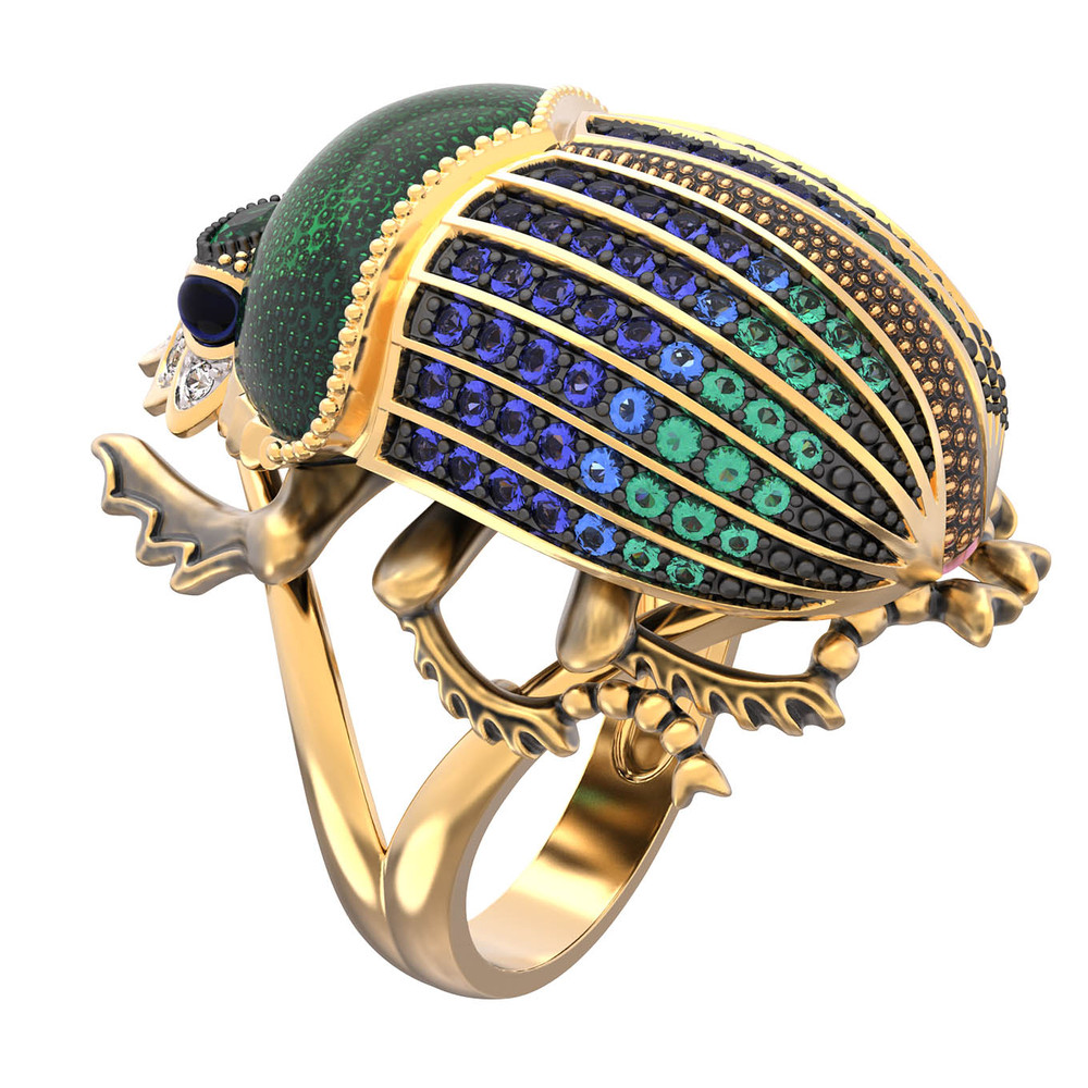 Кольцо из лимонного золота c эмалью, фианитом и турмалином