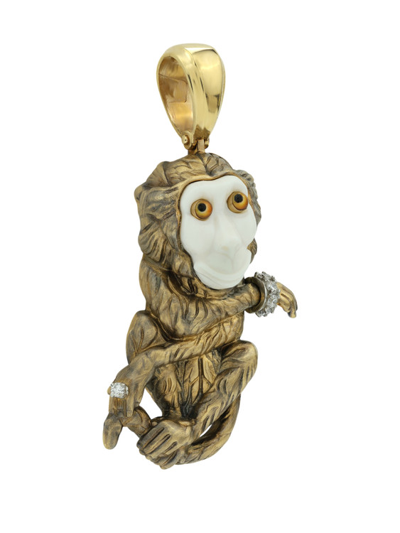 Подвеска из лимонного золота c эмаль , бриллиантами, рубином и бивнем мамонта