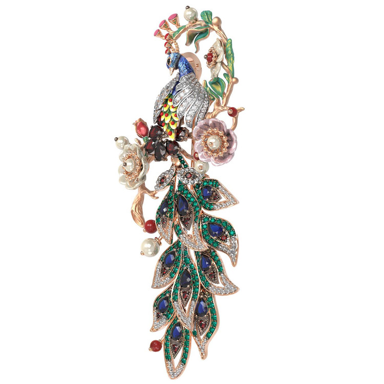 Брошь из золота c эмаль , фианитом, гранатом, жемчугом, сапфиром, кораллом и перламутром