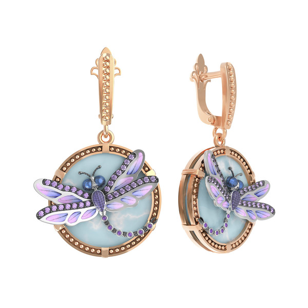 Серьги из золота c бирюзой, аметистом и эмалью