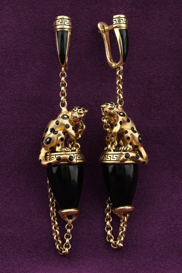 Серьги из лимонного золота c эмаль и ониксом