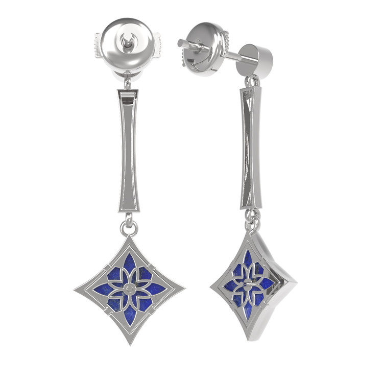 Серьги из белого золота c фианитом и лазуритом