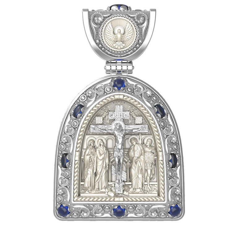 Образок из белого золота c эмалью, сапфиром и бивнем мамонта