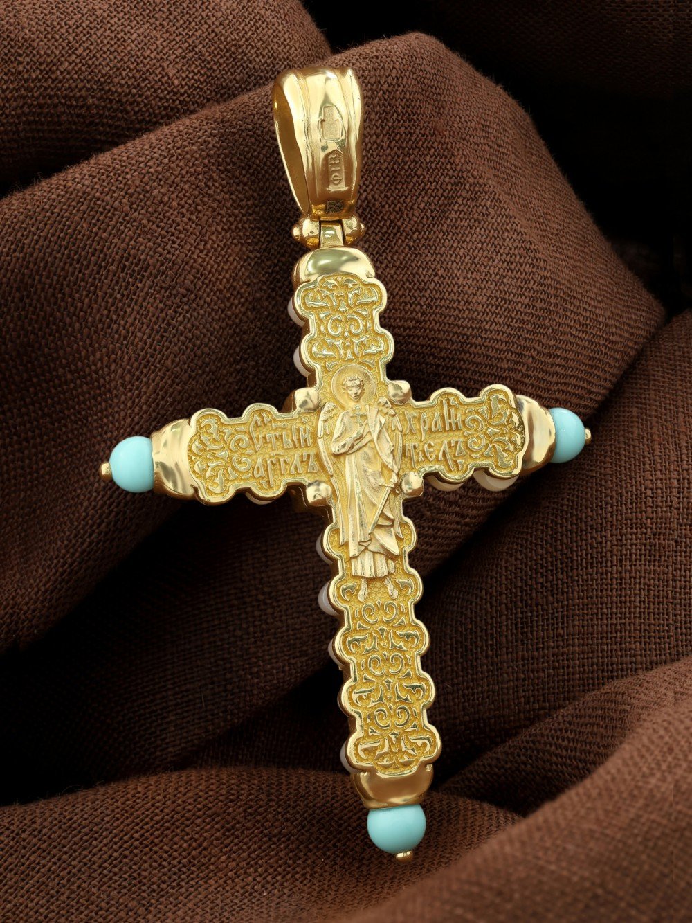 Крест из лимонного золота c бирюзой и кахолонгом