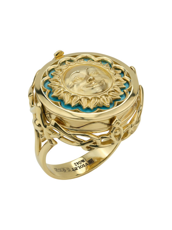 Кольцо из лимонного золота c бирюзой и лазуритом