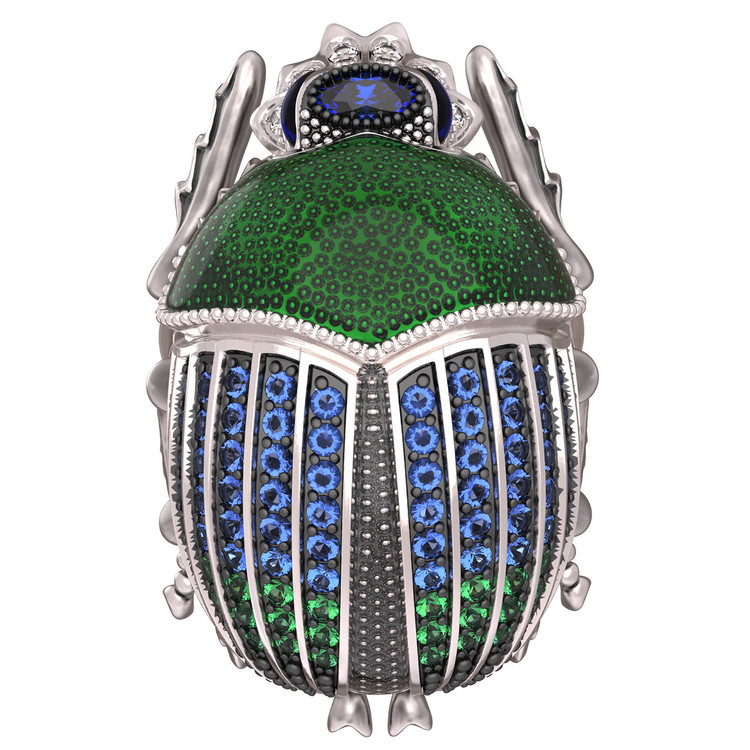 Кольцо из белого золота c эмаль , фианитом и сапфиром