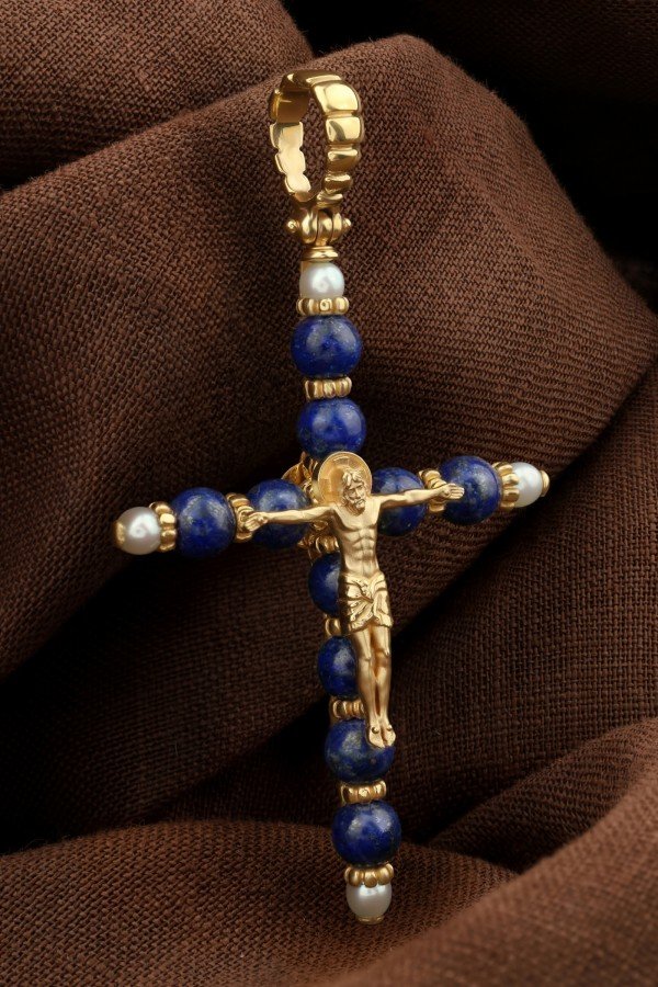 Крест из лимонного золота c жемчугом и лазуритом