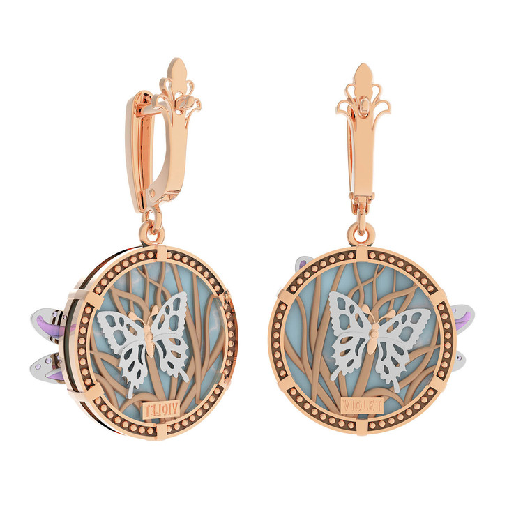 Серьги из золота c бирюзой, аметистом и эмалью