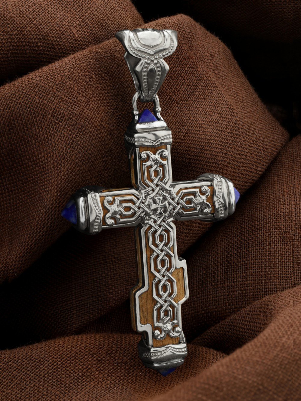 Крест из белого золота c лазуритом и железным деревом