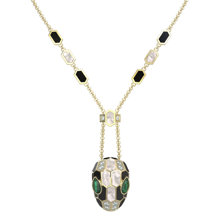 Колье из лимонного золота c бриллиантами, рубином, ониксом, малахитом и перламутром