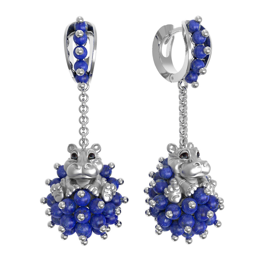 Серьги из белого золота c эмалью и лазуритом