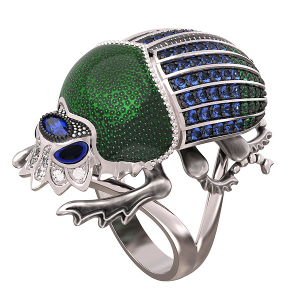 Кольцо из белого золота c эмалью, фианитом и сапфиром