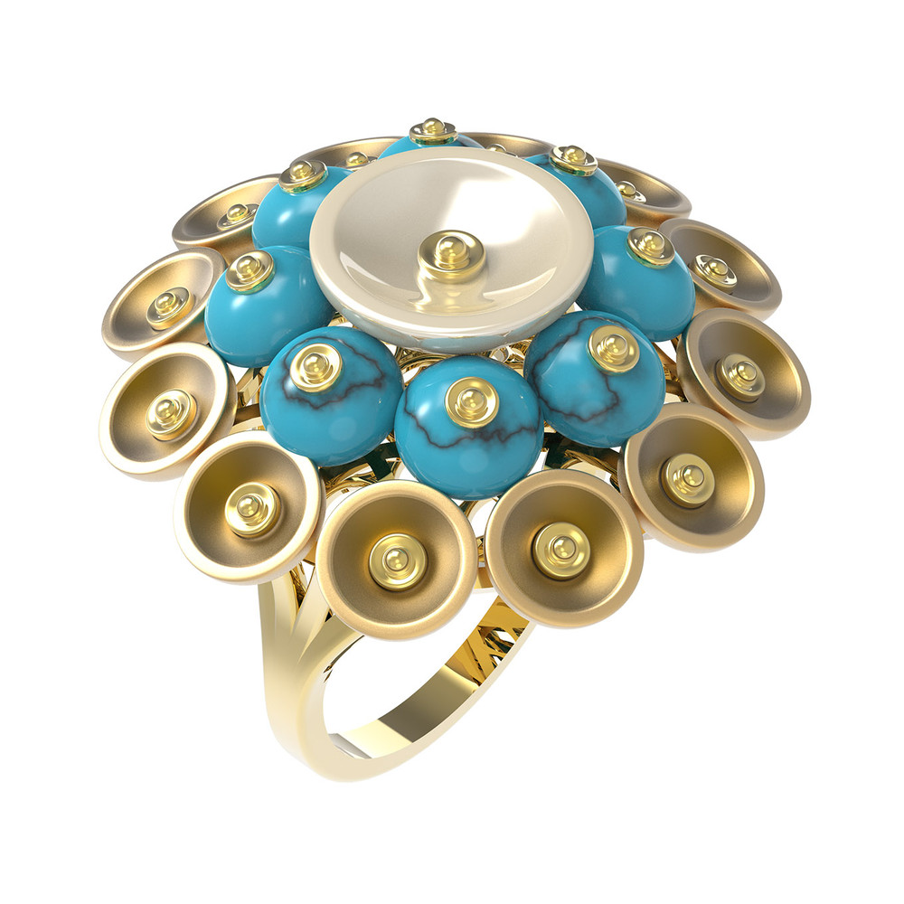 Кольцо из лимонного золота c бирюзой и перламутром