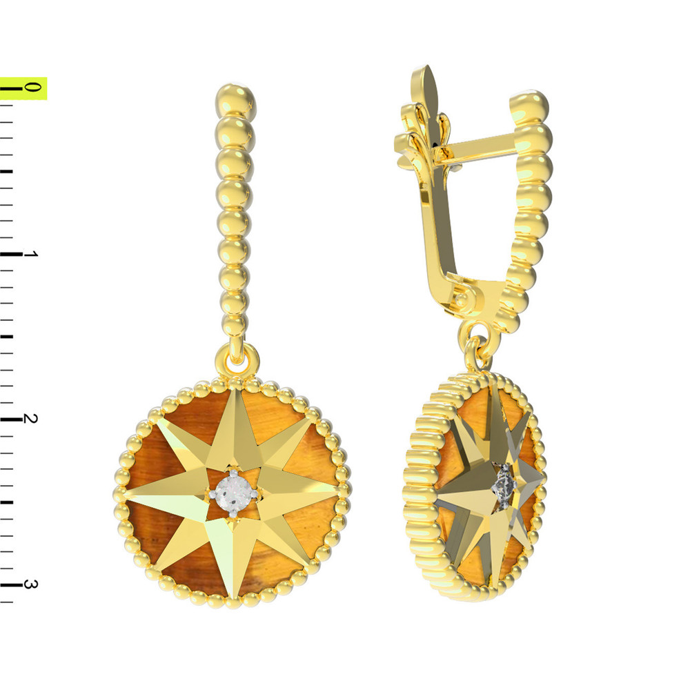 Серьги из лимонного золота c фианитом и тигровым глазом